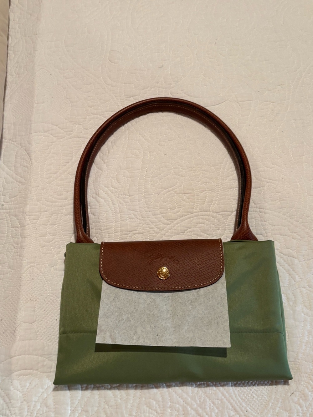 Longchamp Green and Brown Small Tote with Gold Hardware